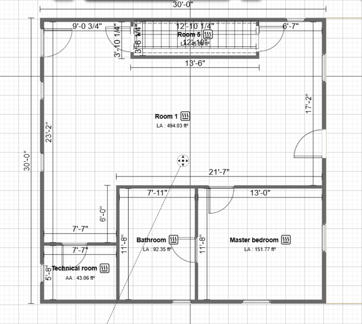 Working downstairs floor plan showing an open room, primary bedroom, bathroom, technical room, and stairs