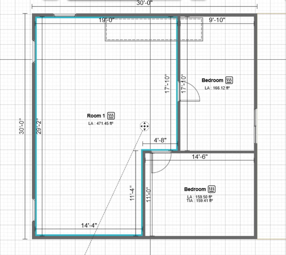 Working upstairs floor plan showing two bedrooms and a large open room